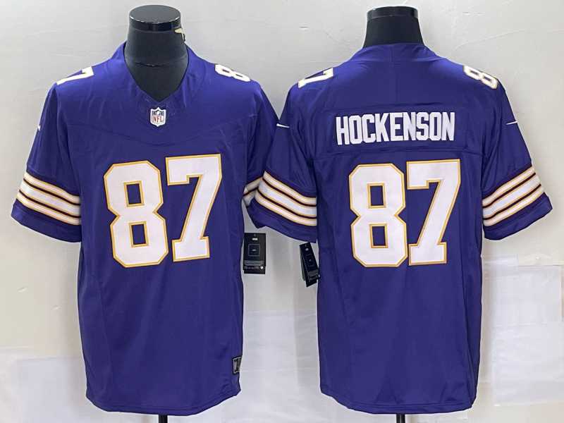 Mens Minnesota Vikings #87 TJ Hockenson Purple 2023 FUSE Vapor Limited Throwback Stitched Jersey